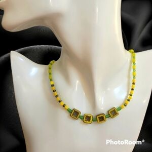 HANDMADE Neon Yellow Table Cut Czech Glass Beaded Necklace